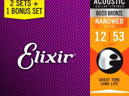 Elixir 16539 Nanoweb Coated 80 20 Acoustic Guitar Strings (.012-.053) (2+1 Pack) on Sale