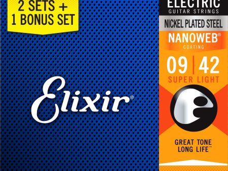 Elixir 16540 Nanoweb Coated Super Light Acoustic Guitar Strings (.009-.042) (2+1 Pack) Online now