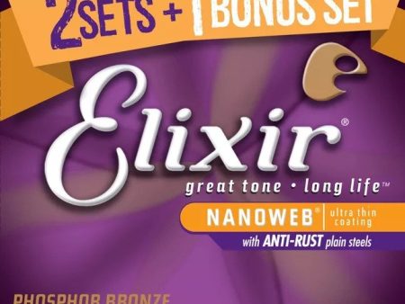 Elixir 16546 Nanoweb Coated Medium Phosphor Bronze Acoustic Guitar Strings (.013-0.056) (2+1 Pack) Online Hot Sale